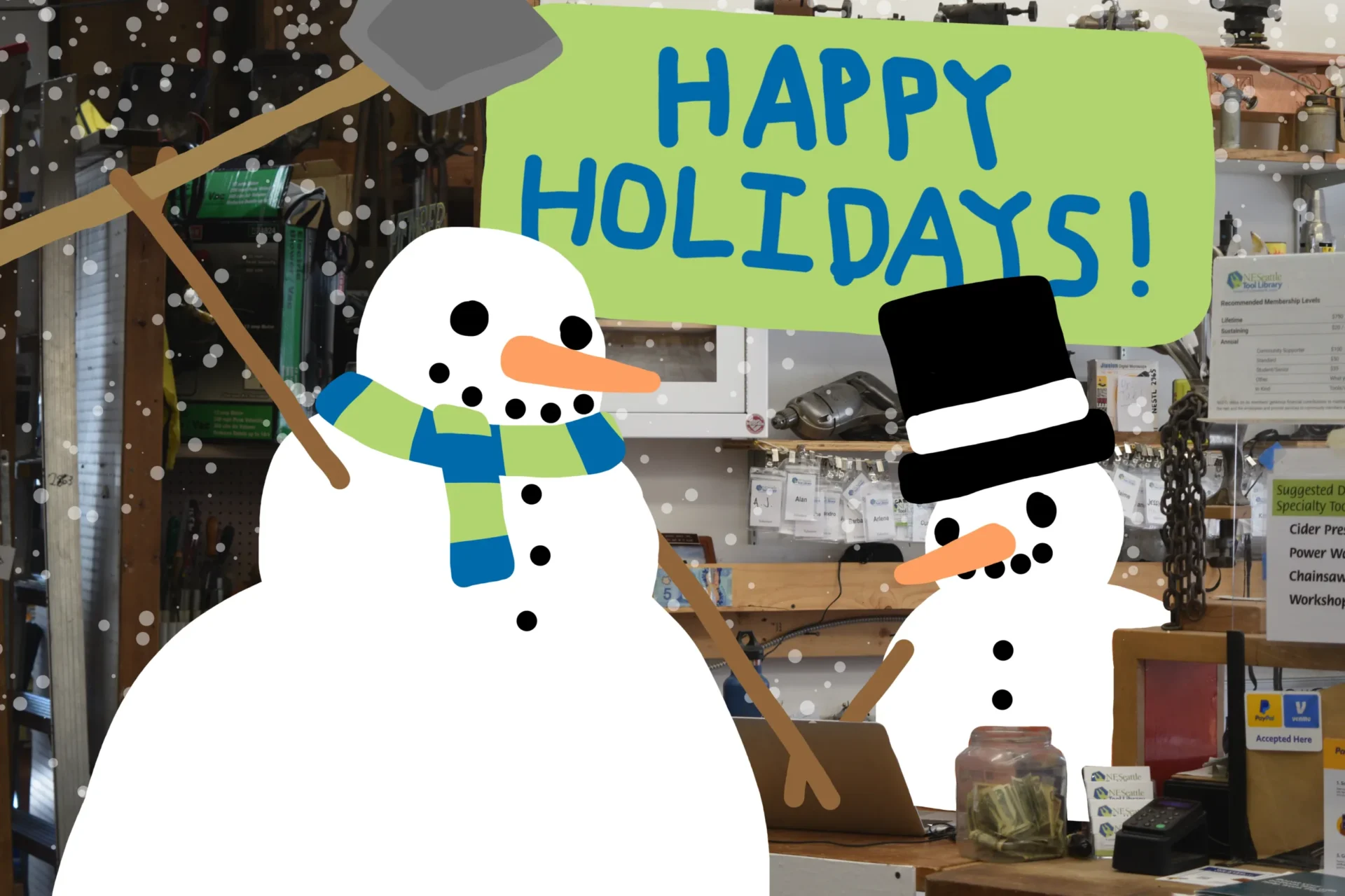 Illustration of a snowman checking out a shovel at the NE Seattle Tool Library.