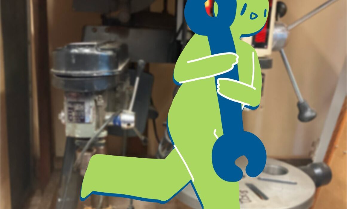 Green Guy running towards the right, holding a large wrench. The background image is of two drill presses available for purchase at the Shoreline Tool Library.