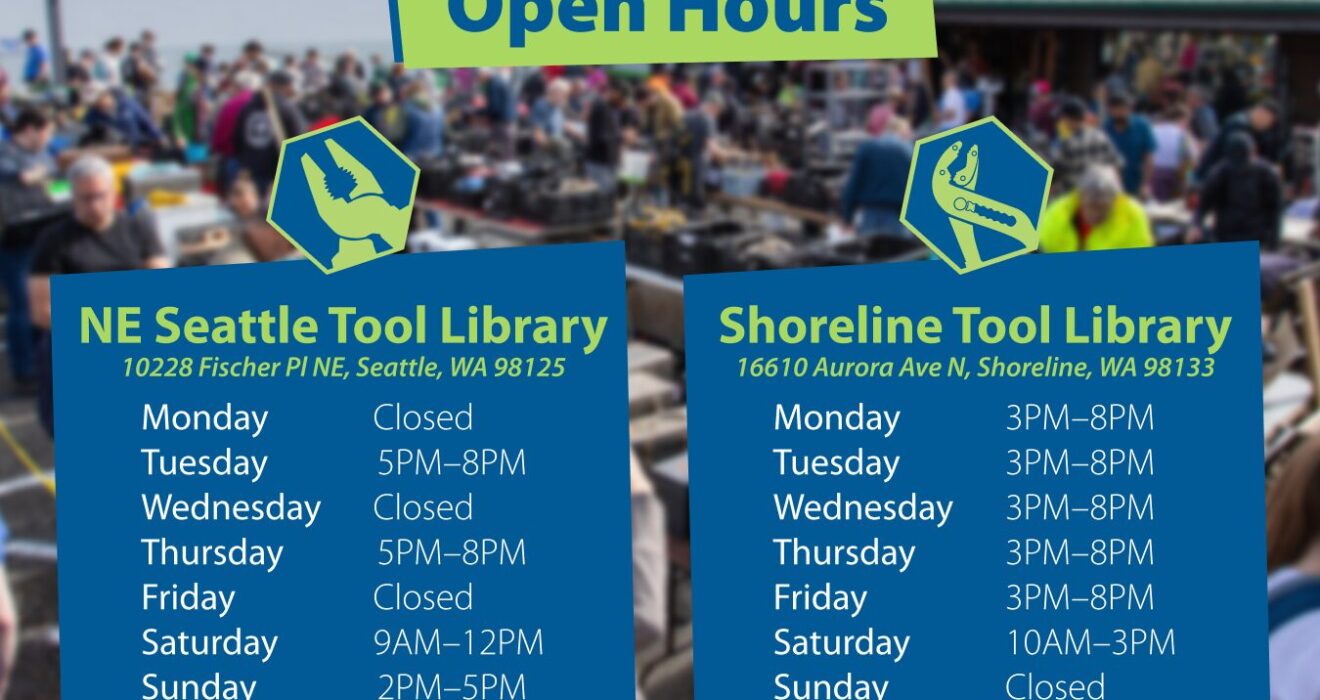 A faraway view of the Shoreline Tool Library Tool Sale where there are crowds of people navigating tables full of tools. The picture is blurred. The title reads, 