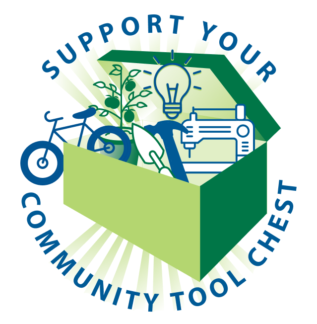 The text, "Support your Community Tool Chest", circles a chest full to the brim of different items, including a bike, potted plant, shining light bulb, hand trowel, hammer, and sewing machine.