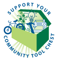 The text, "Support your Community Tool Chest", circles a chest full to the brim of different items, including a bike, potted plant, shining light bulb, hand trowel, hammer, and sewing machine.