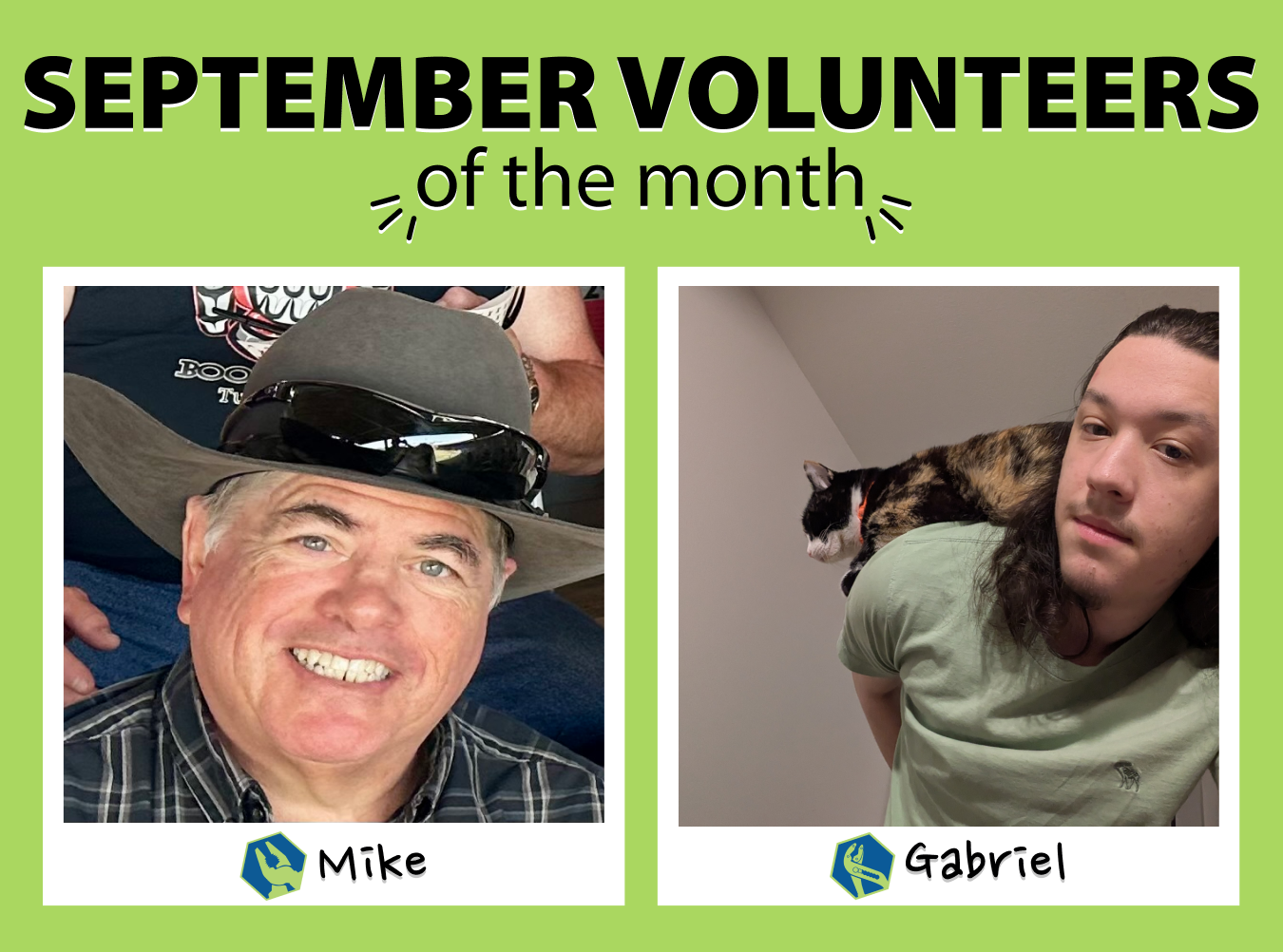 Two "polaroids" of the September volunteers of the month. The left one has the NE Seattle Tool Library volunteer of the month, Mike, who is wearing a cowboy hat at the rodeo. The right one has the Shoreline Tool Library volunteer of the month, Gabriel, who is leaning over with a cat on their bike.
