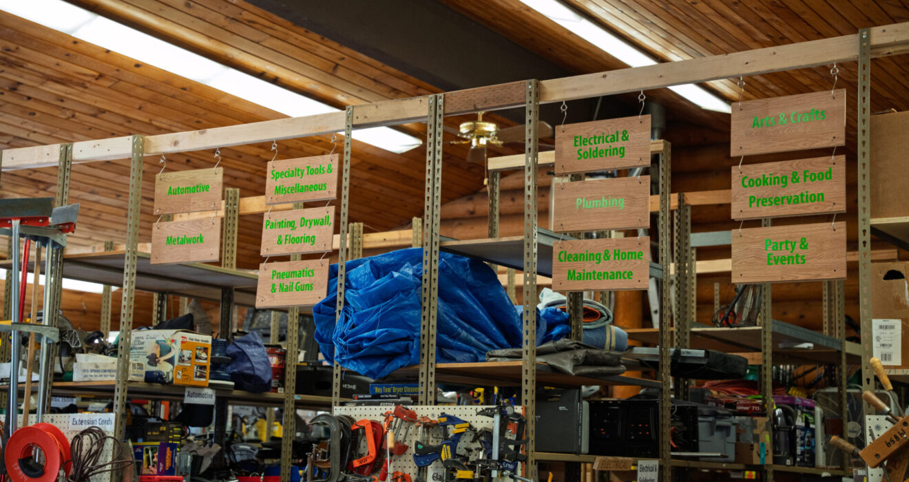 Aisles of tools at the Shoreline Tool Library.