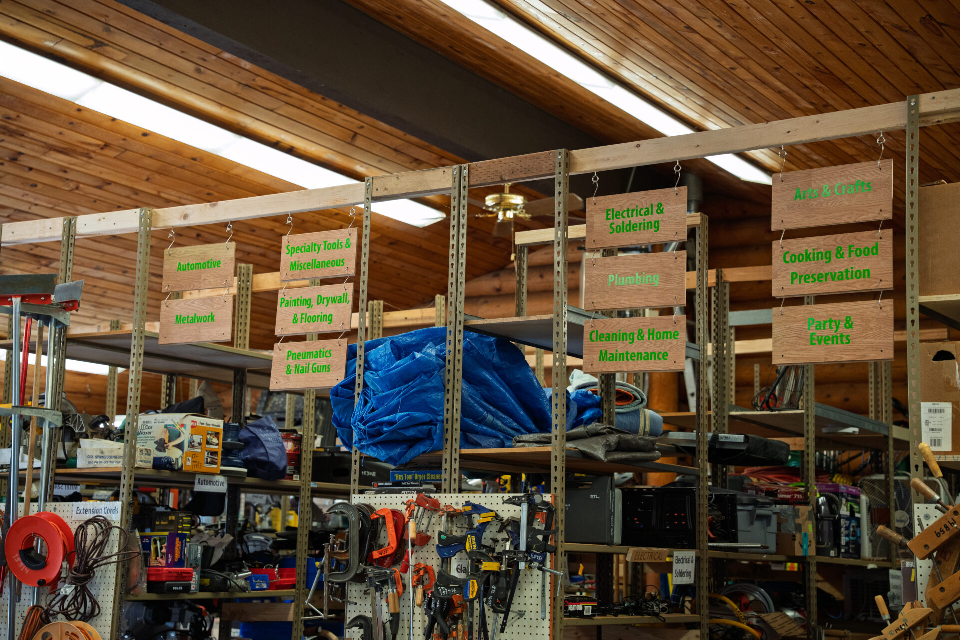 Aisles of tools at the Shoreline Tool Library.