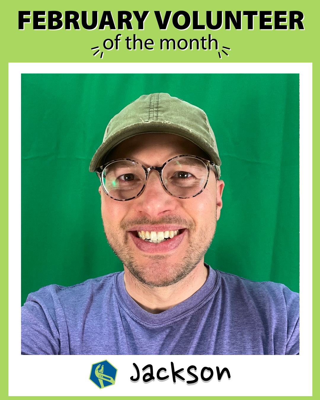 One "polaroid" of the February volunteer of the month. It features the Shoreline Tool Library volunteer of the month, Jackson, who is smiling in front of a green screen in the Shoreline Tool Library.